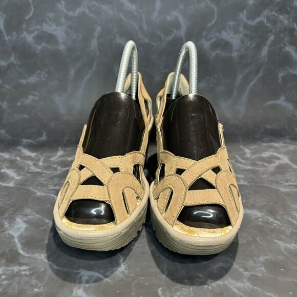 Fly London Yadi Taupe Leather Slip on Peep-toe Wedge Sandals Cut Out Size 6-6.5 - Picture 2 of 8